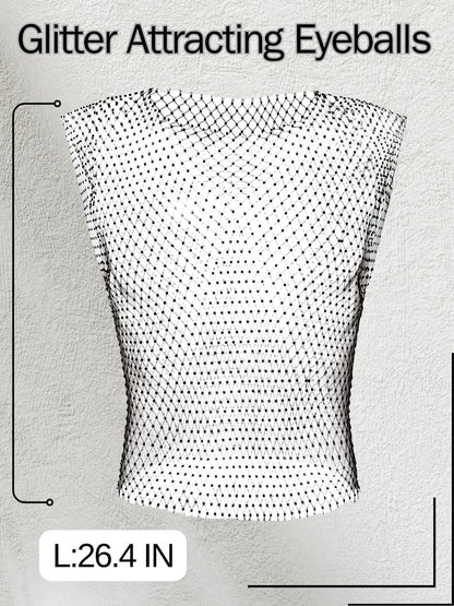 Kaei&Shi Rhinestone Mens Tank Tops Sheer Mesh See Through Fishnet Sparkly Rave Outfit Festival Crop Men Shirt Sexy Club Party,White,Small