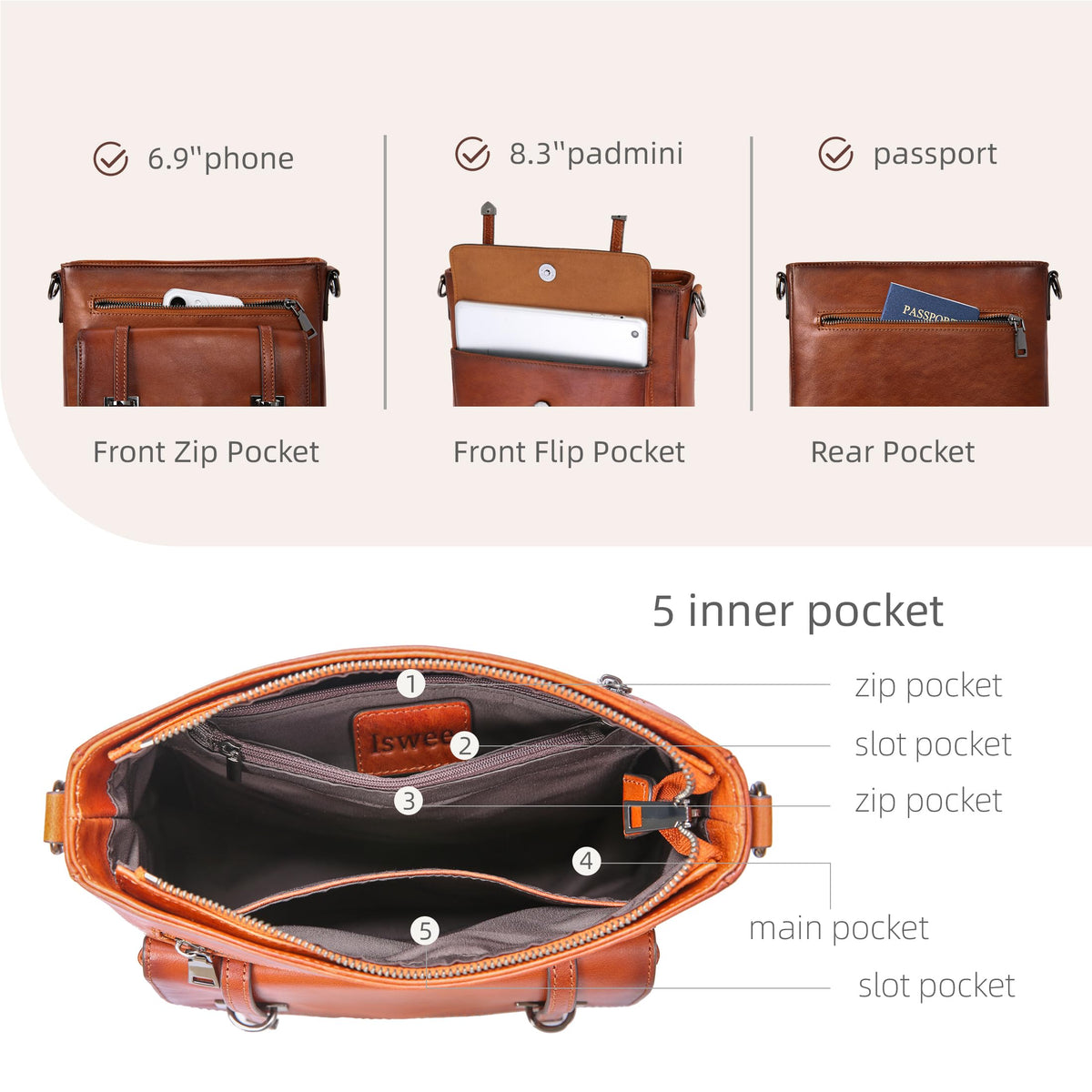 Iswee Brown Purse Genuine Leather Crossbody Bag for Women Shoulder Handbag