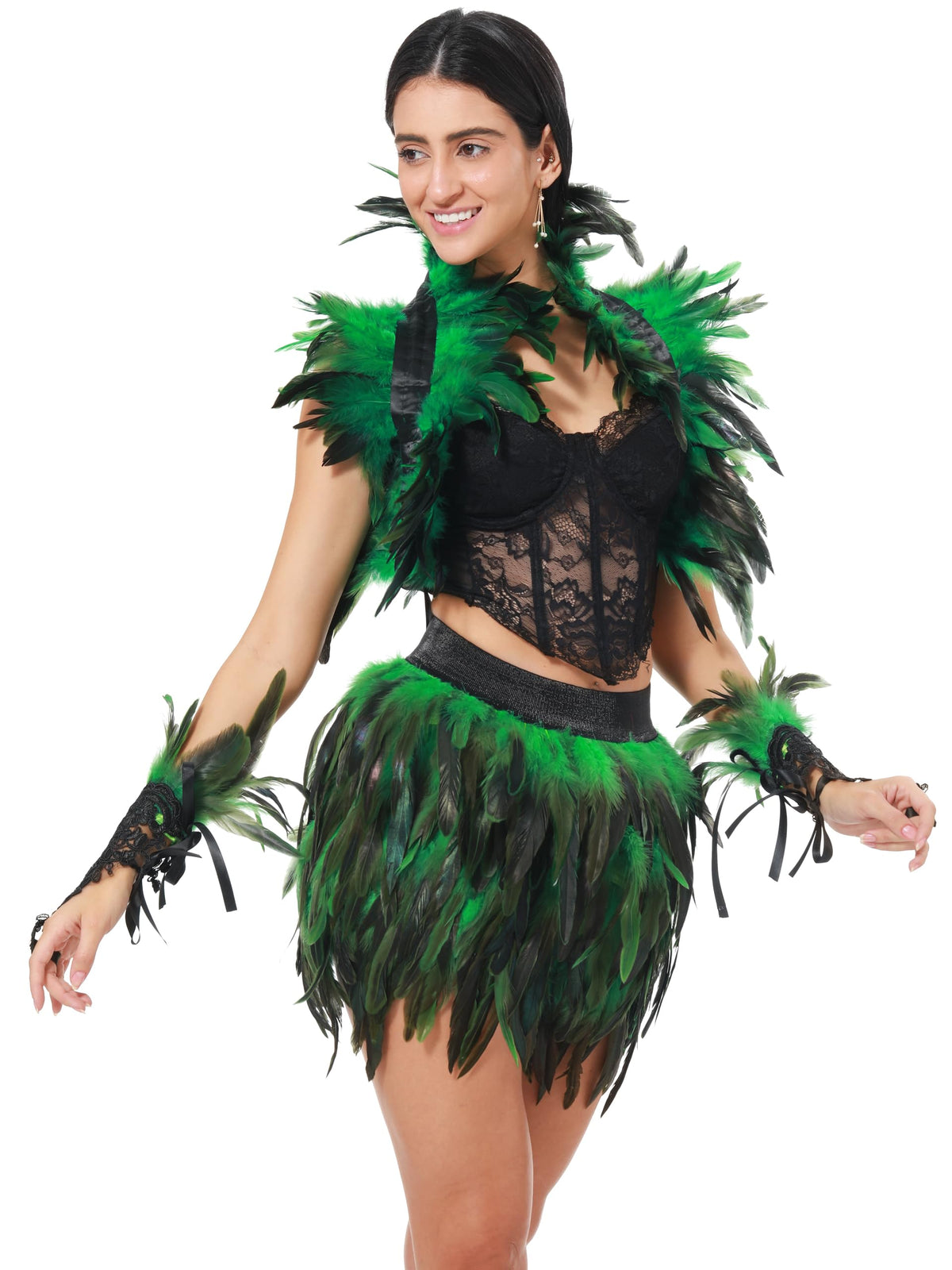 Rulala Fancy Feather Lace Gloves Gothic Long Sleeved Wrist Cuffs Women Halloween Costume(Green)