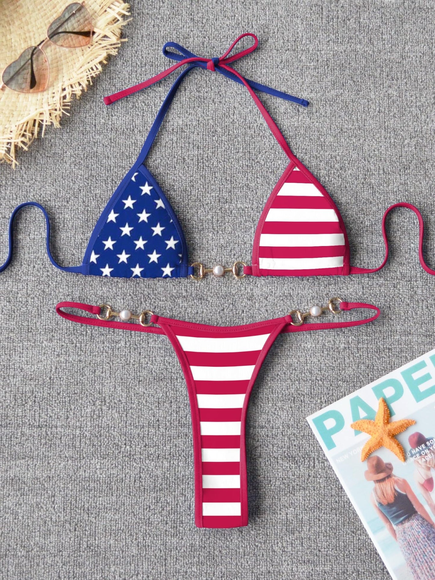 Women's Triangle Thong Bikini Set Sexy String Brazillian Two Piece Swimsuit Cute Bikini Bathing Suit - Flag / 4th of July - Small