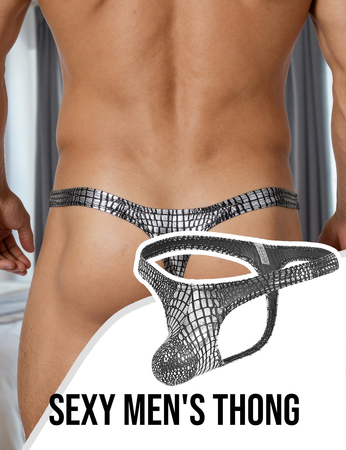 Mens G-String Thong Underwear Snake Print Briefs Low Rise Sexy Hot Shorts for Mens Lingerie Soft T-Back Thong Silver L