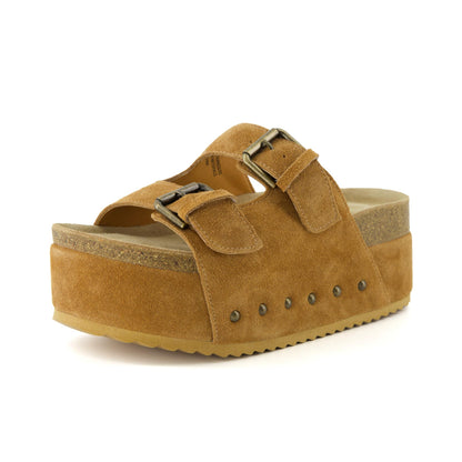 CUSHIONAIRE Guru Platform Sandals Women Footwear – Comfortable Genuine Leather Footbed Studded Chunky Slide Summer Sandals for Women 2026, CHESTNUT 8.5