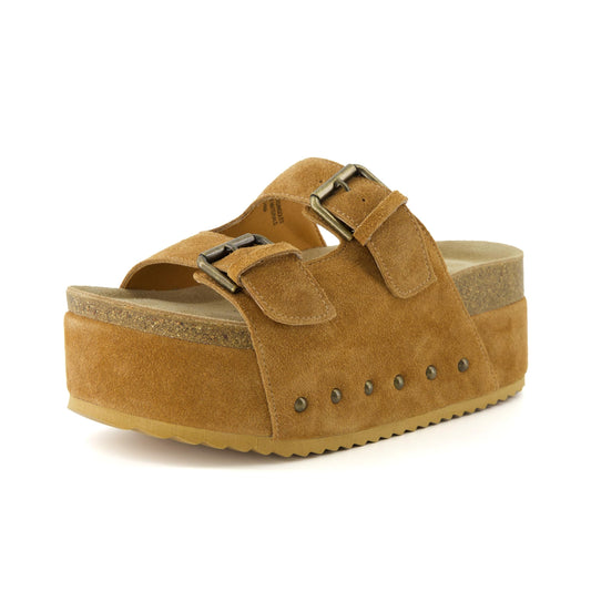 CUSHIONAIRE Guru Platform Sandals Women Footwear – Comfortable Genuine Leather Footbed Studded Chunky Slide Summer Sandals for Women 2026, CHESTNUT 8.5