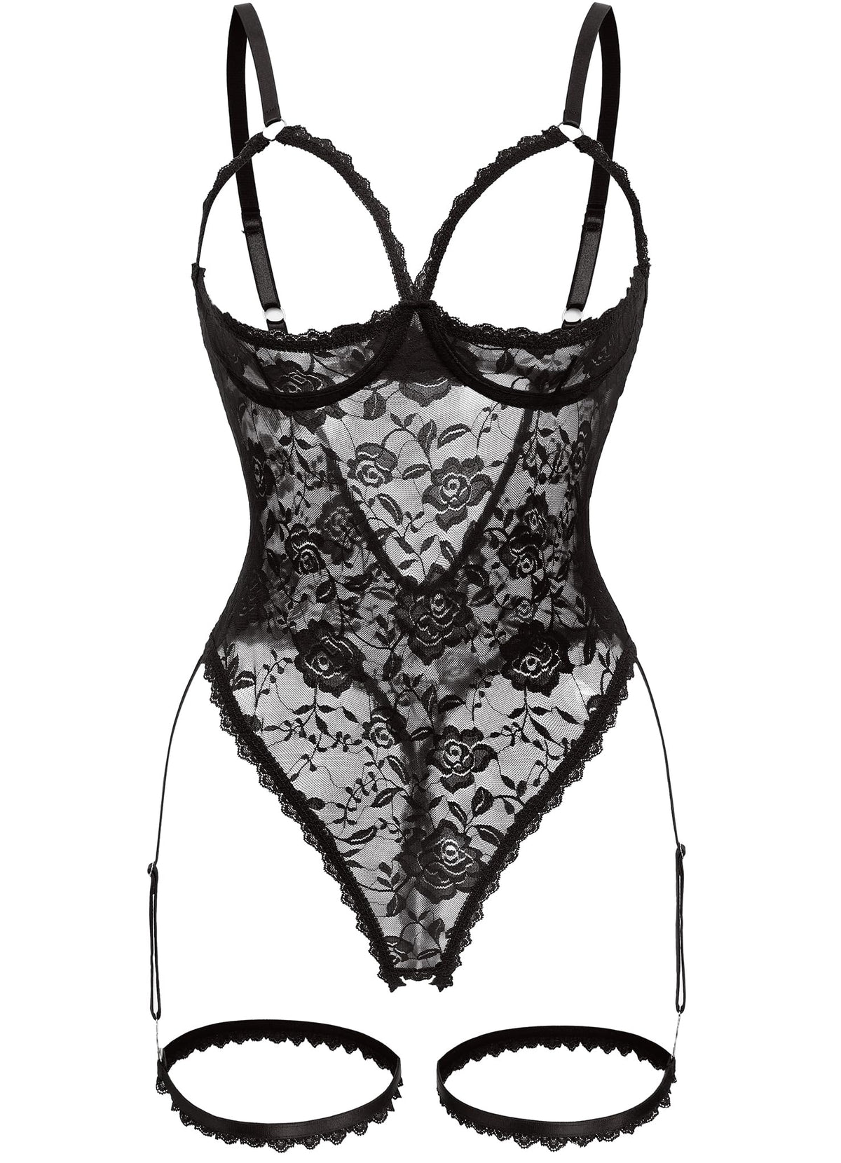Women Sexy Floral Lace Teddy Lingerie Garter Belt Backless Bodysuit Set