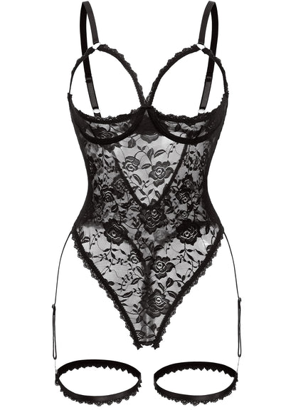 Women Sexy Floral Lace Teddy Lingerie Garter Belt Backless Bodysuit Set