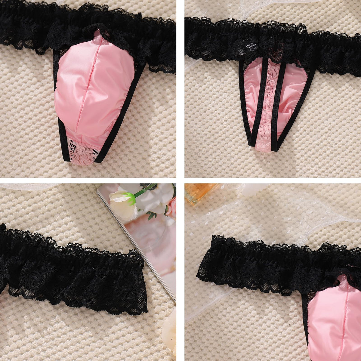 Men's Lace Ruffle Thong Low Rise G-string Smooth Pouch Pink