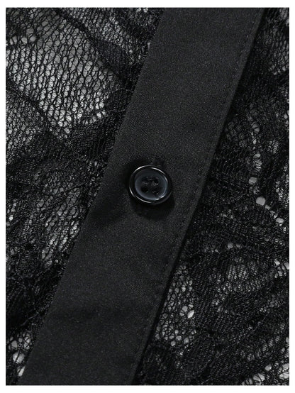 WDIRARA Men's Sexy Lace Button Down Shirts See Through Long Sleeve Collared Tops Party Clubwear Black X-Large