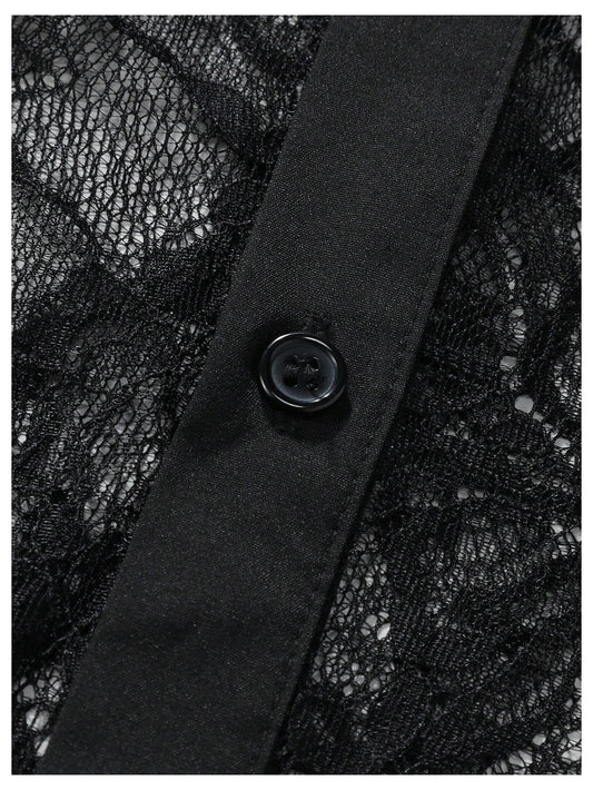 WDIRARA Men's Sexy Lace Button Down Shirts See Through Long Sleeve Collared Tops Party Clubwear Black X-Large