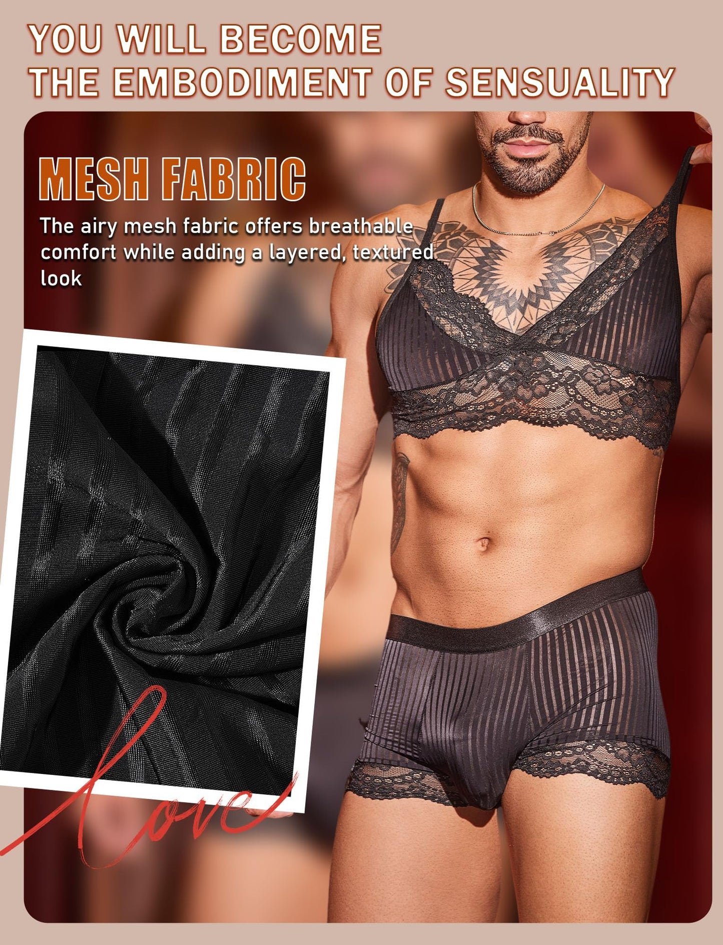 Men's Sissy Bra Floral Lace Panties Outfits Boxers Bikini Briefs Underwear Clubwear Sleepwear Black Set