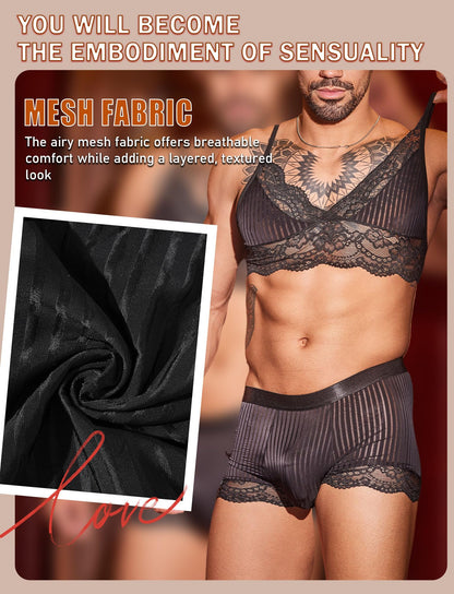 Men's Sissy Bra Floral Lace Panties Outfits Boxers Bikini Briefs Underwear Clubwear Sleepwear Black Set