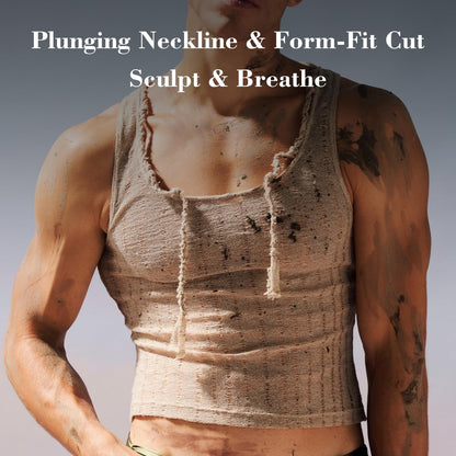 BSZN Men's Sexy Tank Top, Khaki Distressed Mesh Sailor Style Hand Braided Neckline Slim Fit Low Cut Sheer Wasteland Shirt from L-Siren's Elegy Collection