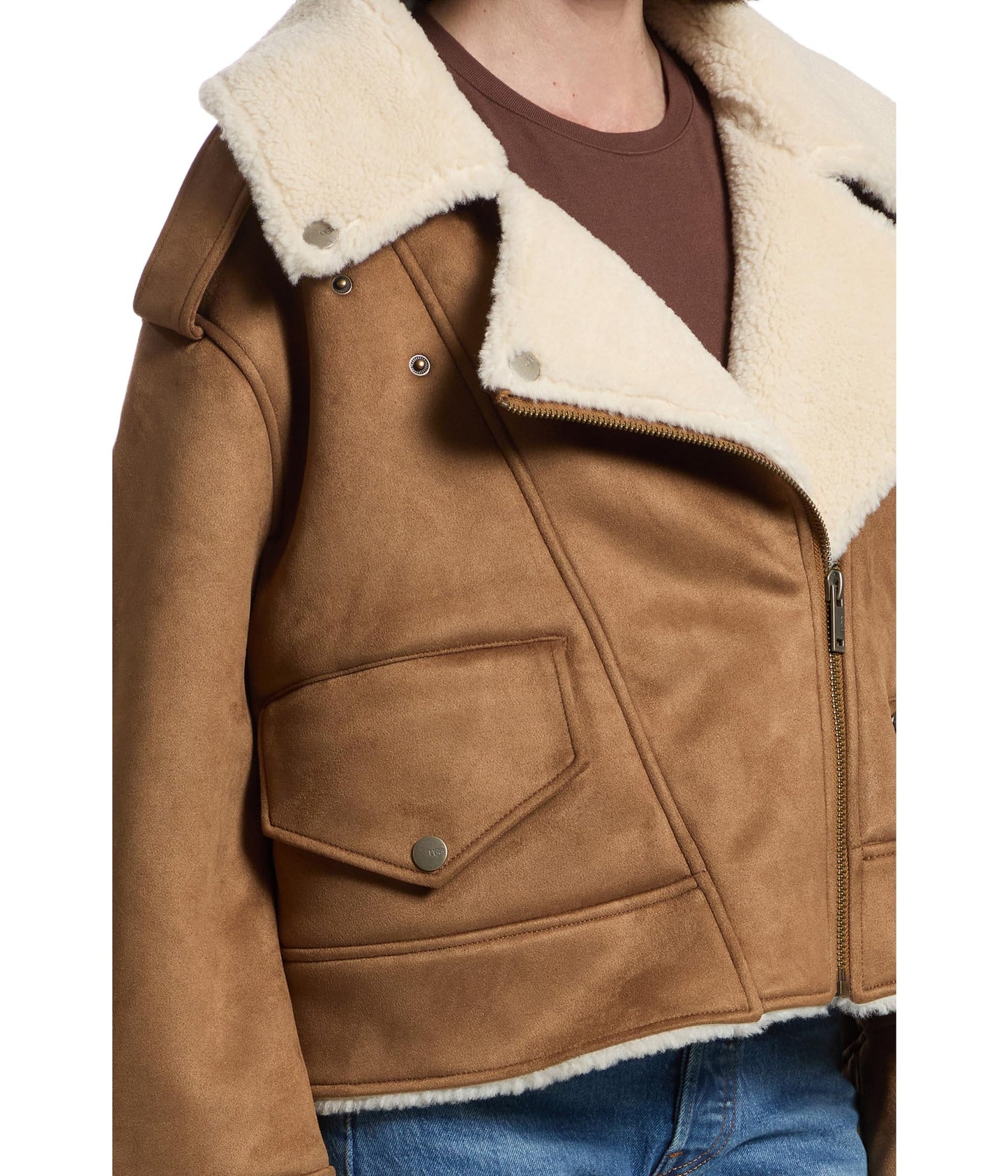UGG Women's Finnian Luxefluff Moto Jacket Coat, Chestnut, L