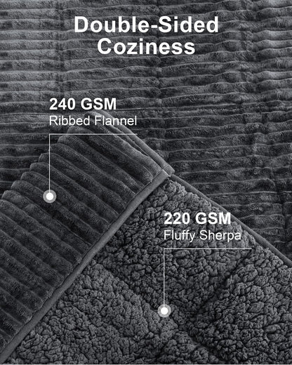 Sherpa Fleece Adult Weighted Blanket with Ribbed Stripes, 15 Pounds Dual Sided Soft Plush Blanket for Couch Bed Sofa, Heavy Thick Blankets with Ceramic Beads Great for Sleep, Dark Grey, 48" x 72"