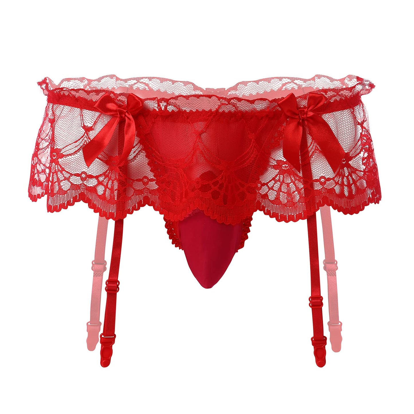 ABAFIP Men Lingerie Frilly Skirted Sissy Thongs Panties Low Waist G-string Garter Belt Crossdressing Underpants Lace Underwear Red One Size