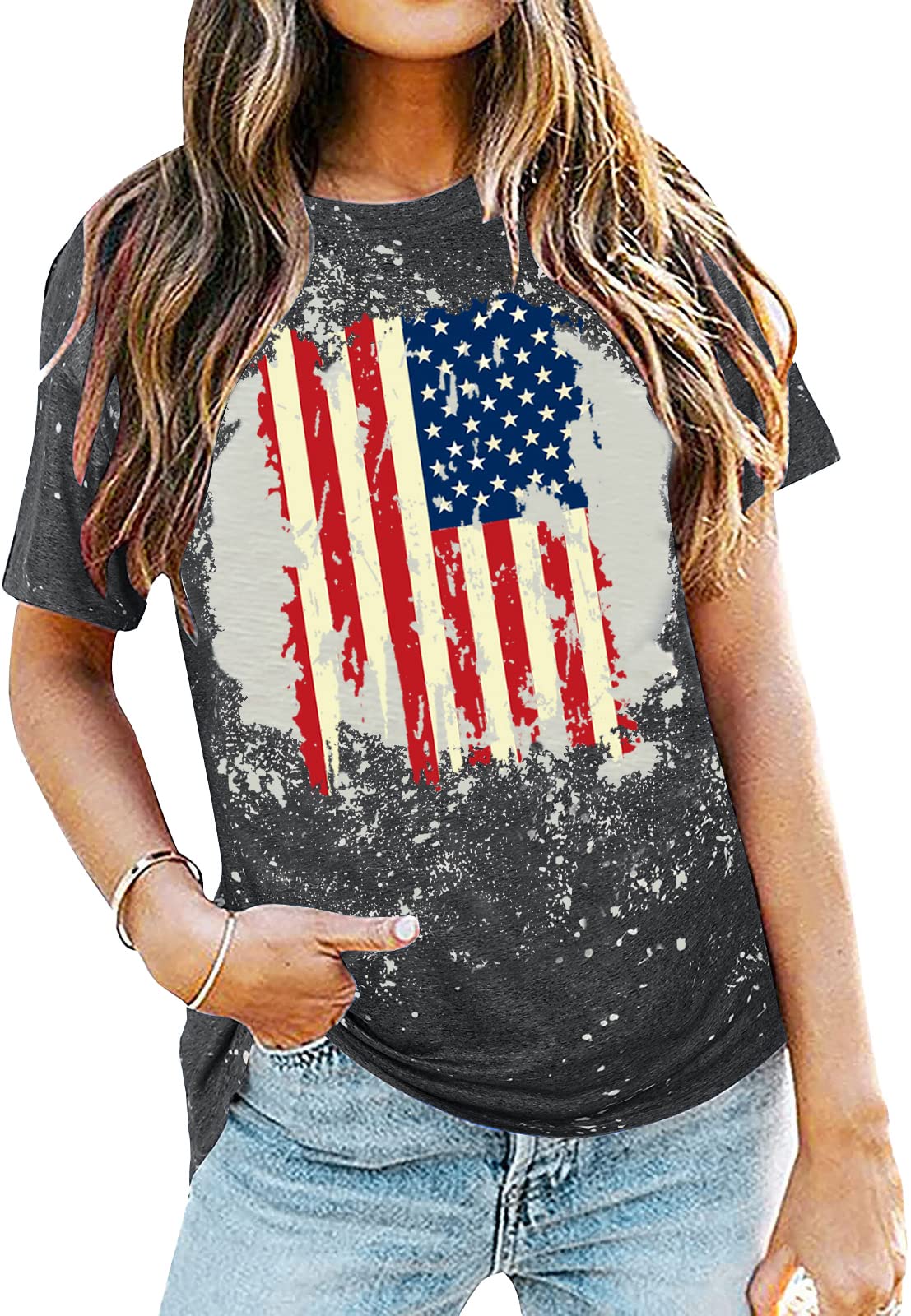 American Flag Shirt Women Patriotic Shirt Vintage USA Flag Bleached T-Shirt Short Sleeve 4th of July Tee Tops (Dark Grey-2, X-Large)