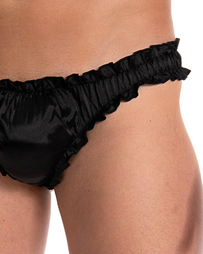 Satini Men's Satin Ruffle Sissy Tanga Panties Black,