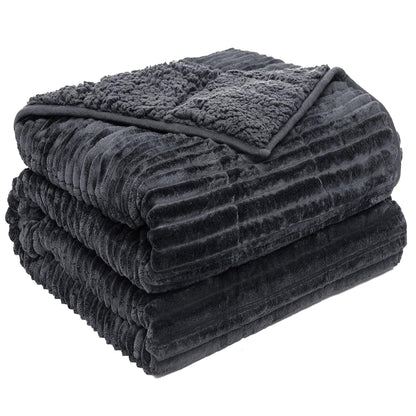 Sherpa Fleece Adult Weighted Blanket with Ribbed Stripes, 15 Pounds Dual Sided Soft Plush Blanket for Couch Bed Sofa, Heavy Thick Blankets with Ceramic Beads Great for Sleep, Dark Grey, 48" x 72"