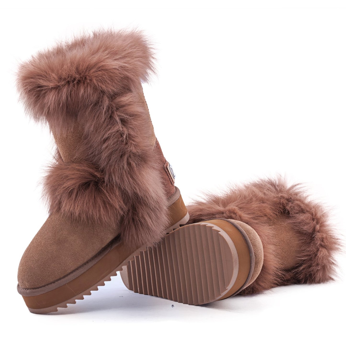 AUSLAND Waterproof Genuine Suede Platform Boots for Women Furry Winter Short Boot Ladies Fur Boots 4.5US Chestnut 99256 35EU