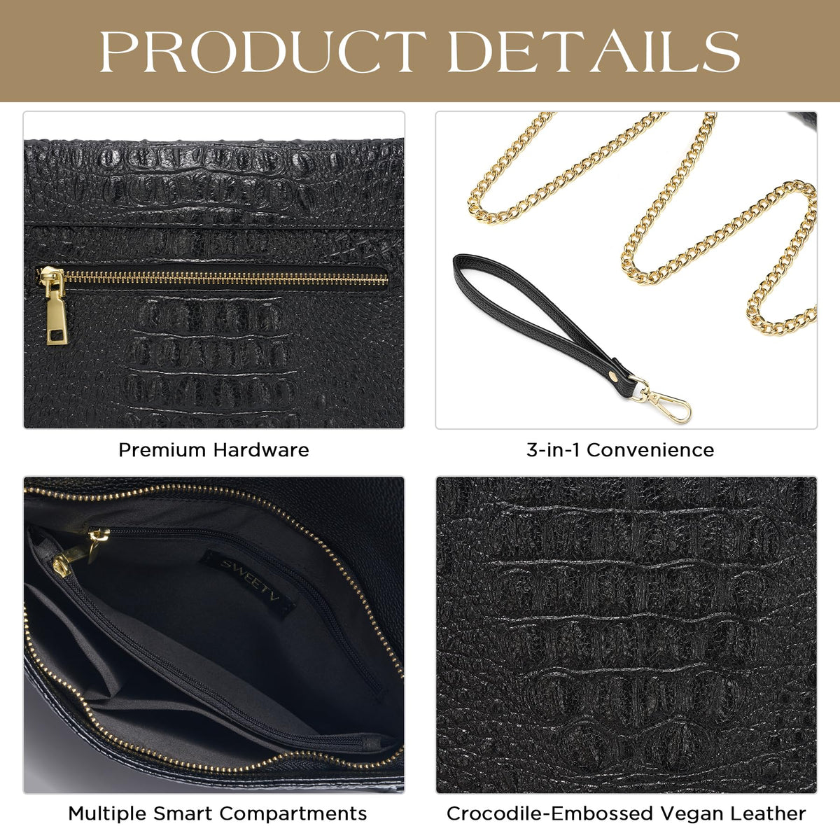 Evening Clutch Purses for Women Elegant Wristlet Wallets Crocodile Pattern PU Leather Cross body Purse Formal/Wedding