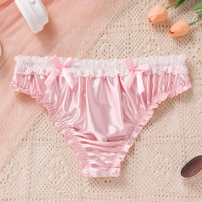 Men's Satin Thong Sissy Panties,Silky Crossdresser Lingerie Lace Bowknot Femboy Underwear