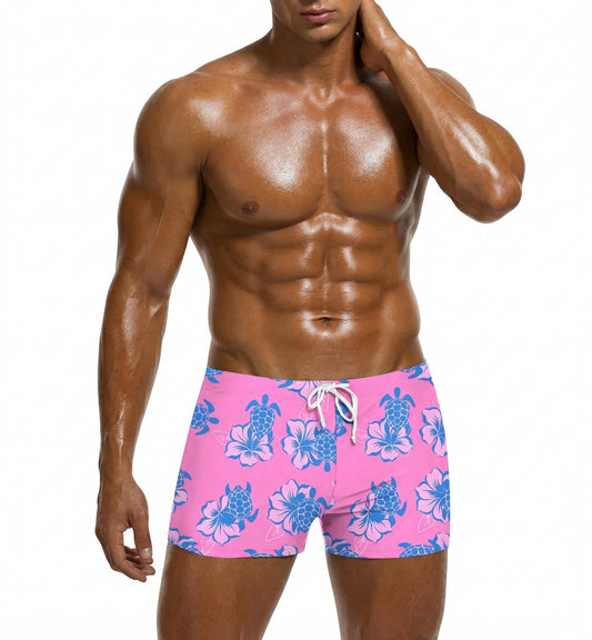 COOFANDY Mens Swim Trunks Swim Briefs Square Leg Sexy Tight Swimwear Bathing Suit Board Short with Liner Pink Flower