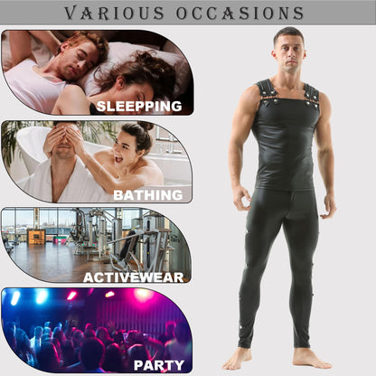 Men's Faux Leather Vest Sleeveless Undershirt Wet Look Tank Top Shirt Clubwear Black
