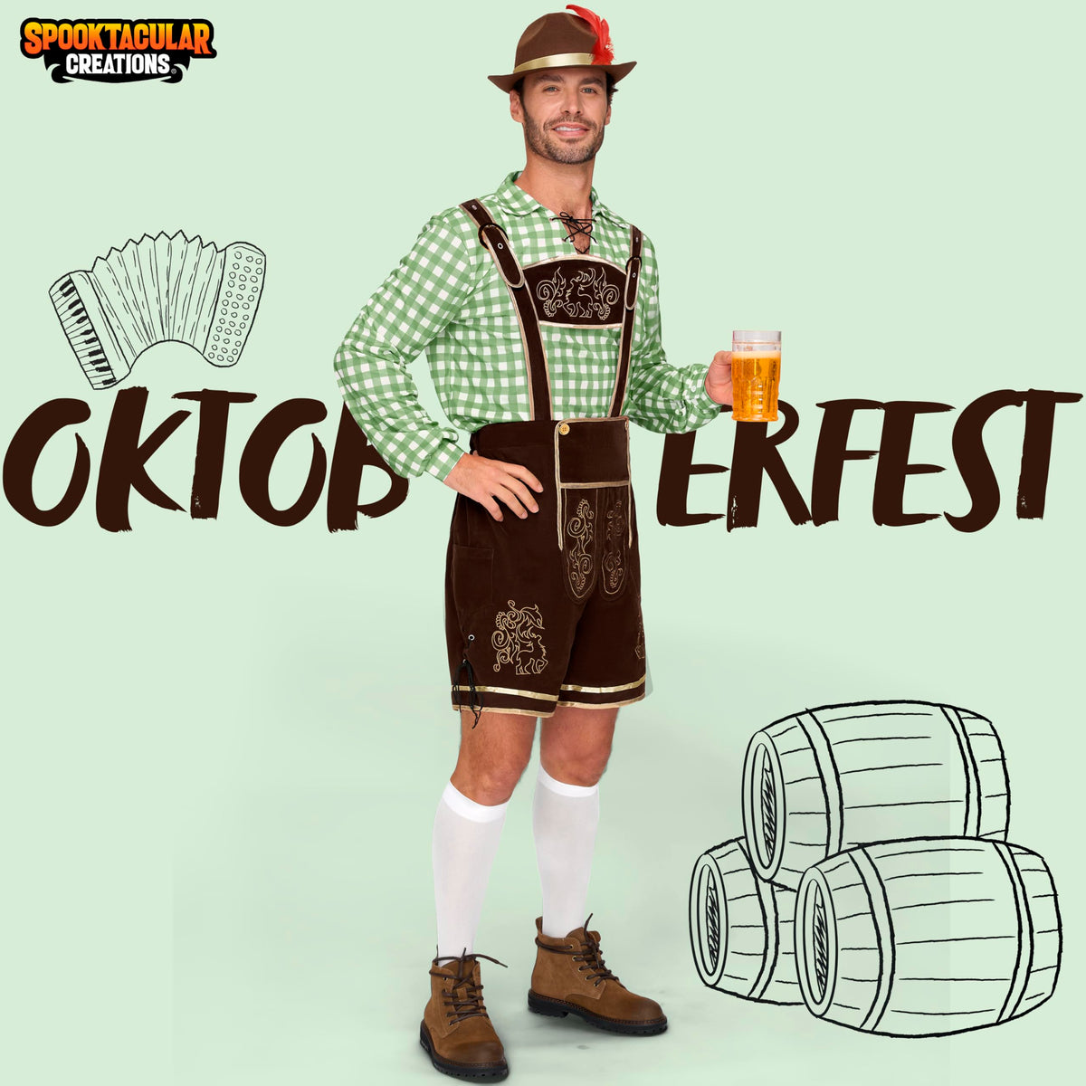 Spooktacular Creations Men Lederhosen Oktoberfest Outfit Costume, 5 Pack German Bavarian Costume Set with Hat Shirt Socks for Halloween Beer Festival - Oktoberfest - Octoberfest