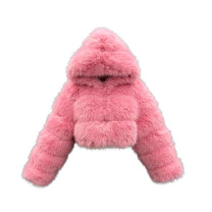 DLNYC Faux Fox Fur Layered Hooded Bolero Faux Fur Cropped Jacket Luxury Spring Fashion Jacket (US, Alpha, Small, Regular, Regular, Baby Pink)