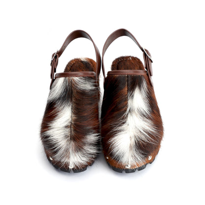 XOBZJH Women's Luxury Natural Cowhide Hair Platform Clogs – Western Retro Slip-On Mules with Zipper and Adjustable Buckle Strap – Handmade Rustic Cow Bone Back Hair Shoes with Arch Support