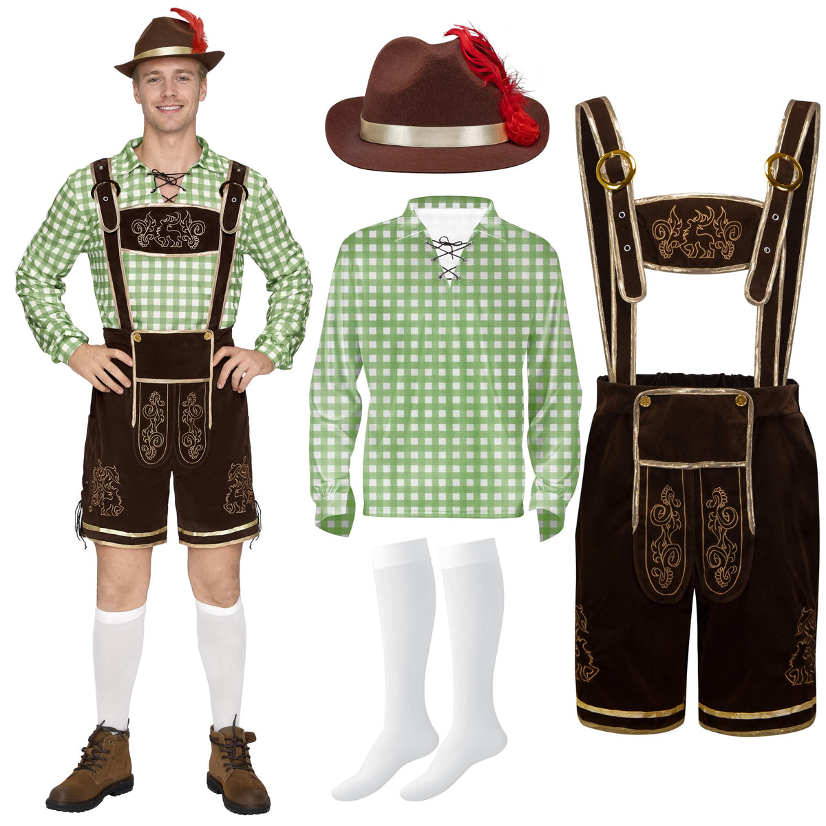 Spooktacular Creations Men Lederhosen Oktoberfest Outfit Costume, 5 Pack German Bavarian Costume Set with Hat Shirt Socks for Halloween Beer Festival - Oktoberfest - Octoberfest