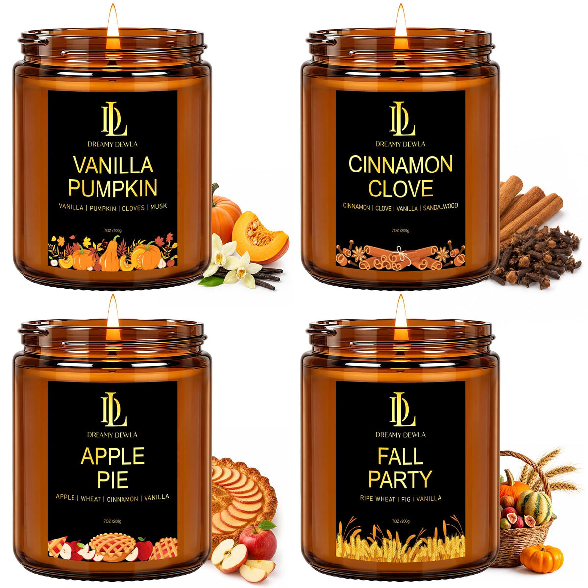 DL DREAMY DEWLA Fall Candles Set for Home Scented, 4 Pack 28oz, Soy Wax