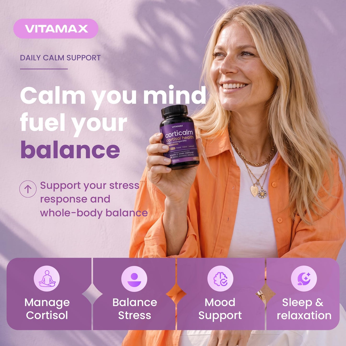 Vitamax Cortisol Supplements for Women - L-Theanine, Ashwagandha, GABA - High Cortisol Manager Reducer - Relaxation, Mood & Stress Support - Ginkgo Biloba, Bacopa Monnieri, 5-HTP - Made in USA