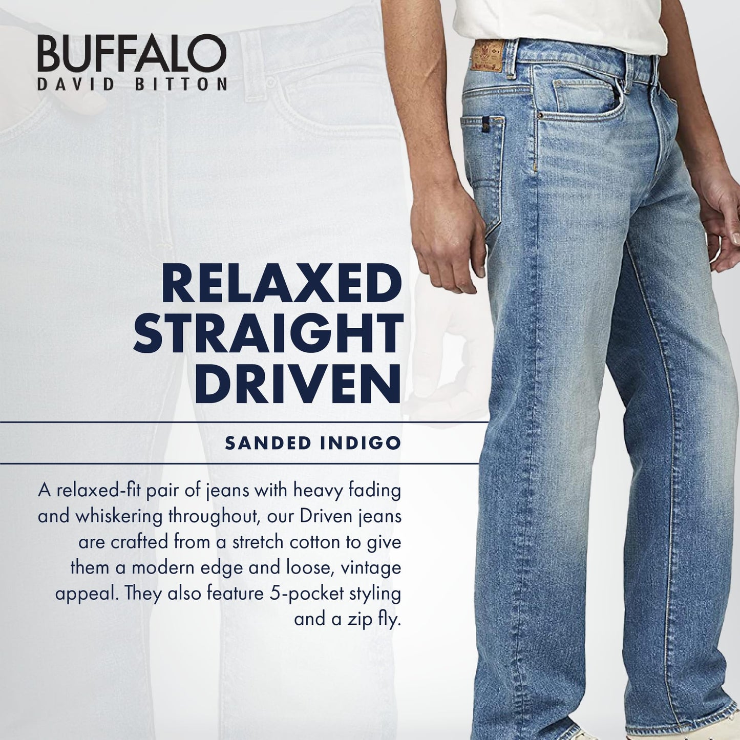 Buffalo David Bitton Men's Straight Driven Fashion Jean, Mid Blue Sanded, 30W x 30L