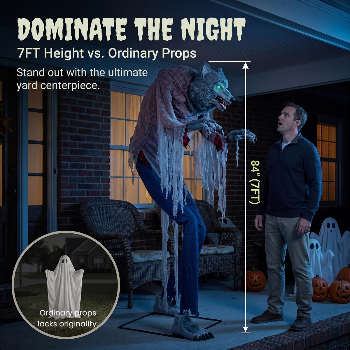 7FT Animated Halloween Werewolf Decoration - Sound Activated Werewolf Animatronic Outdoor with Motion, Lights and Sound, Scary Wolf in Red Plaid Shirt and Jeans, for Yard Porch Haunted House