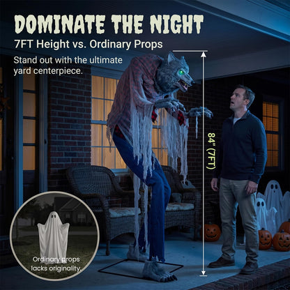 7FT Animated Halloween Werewolf Decoration - Sound Activated Werewolf Animatronic Outdoor with Motion, Lights and Sound, Scary Wolf in Red Plaid Shirt and Jeans, for Yard Porch Haunted House