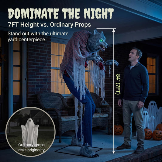 7FT Animated Halloween Werewolf Decoration - Sound Activated Werewolf Animatronic Outdoor with Motion, Lights and Sound, Scary Wolf in Red Plaid Shirt and Jeans, for Yard Porch Haunted House