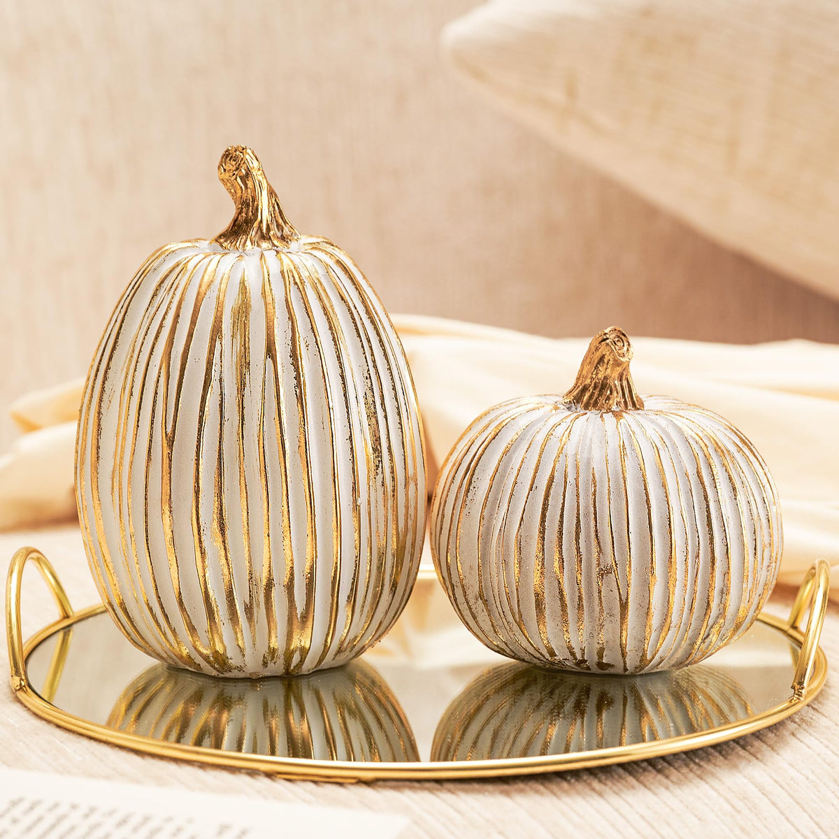 White and Gold Fall Pumpkin Decoration for Table Centerpieces