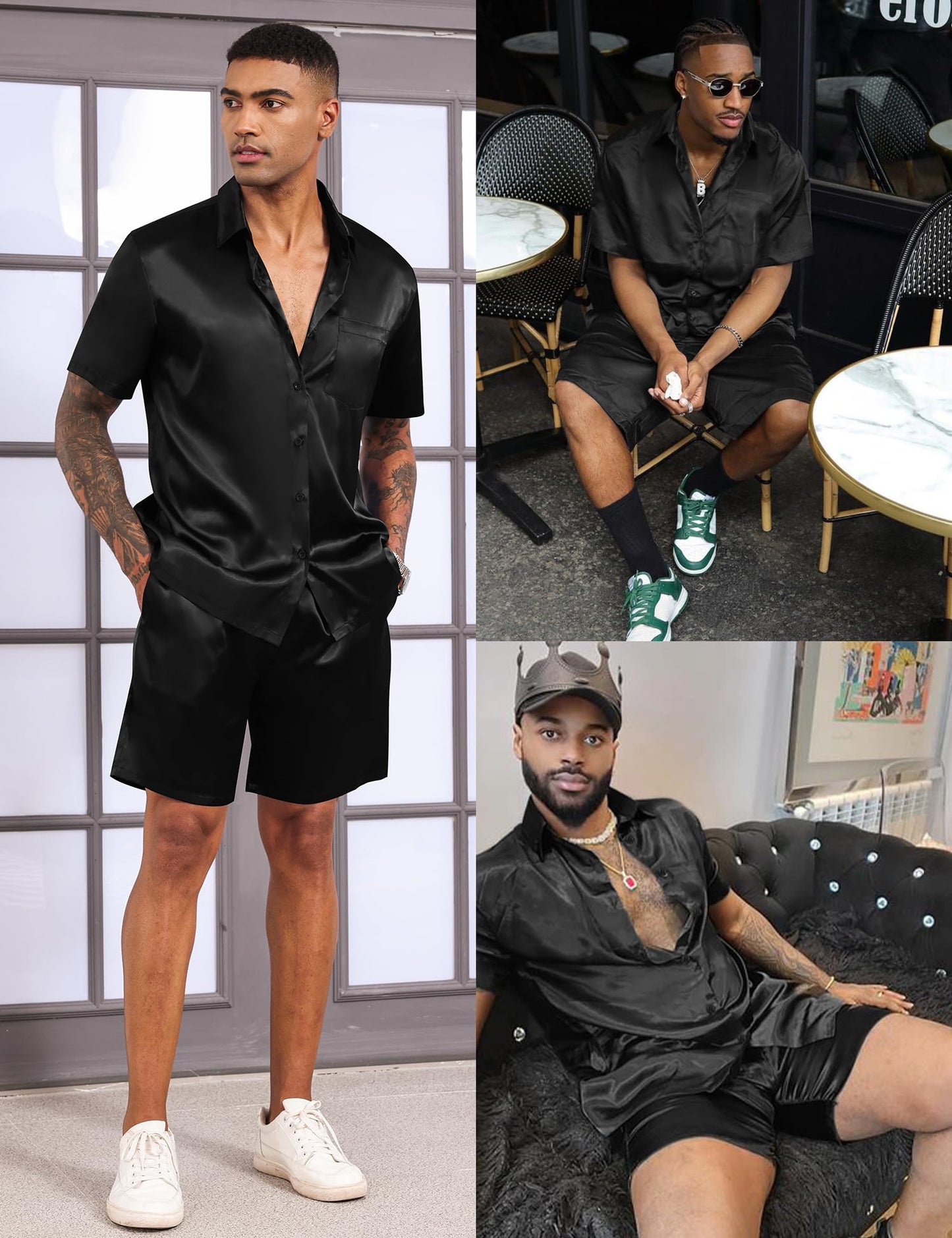 LecGee Men's 2 Piece Silk Satin Outfits Short Sleeve Button Tracksuit Shorts Shiny Satin Dress Shirts Set(Black,S)