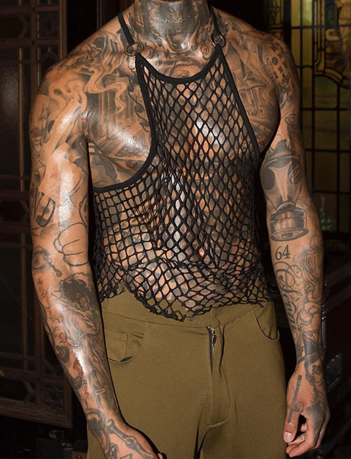 Men's See Through Fishnet Tank Top Sleeveless Racerback Mesh Top Crochet Casual Loose Muscle Shirt Spaghetti Strap Halter Top for Summer 2023 H Black