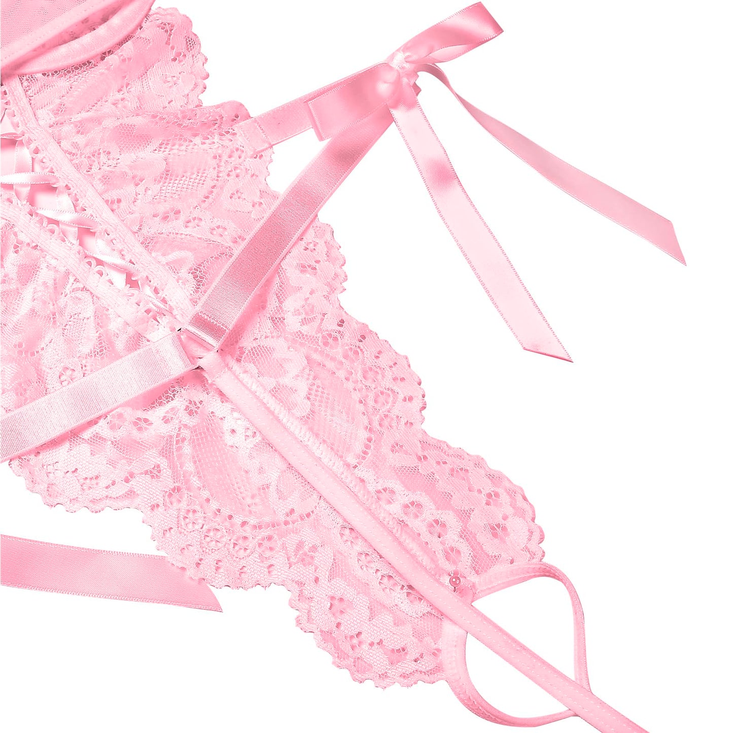 Donnalla Lingerie Sets for Women Sexy - Underwire Push Up Bodysuit with Bows, Side Cutout Lace Teddy Lingerie Pink