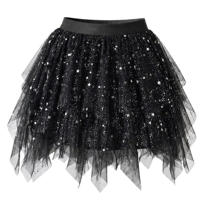 Sissy Tulle Mini Skirt for Women Short Fairy Skirt Tutu A-Line Mesh Layered Summer Skirts Black Sequin X-Small