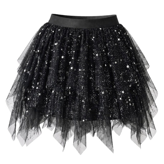 Sissy Tulle Mini Skirt for Women Short Fairy Skirt Tutu A-Line Mesh Layered Summer Skirts Black Sequin X-Small