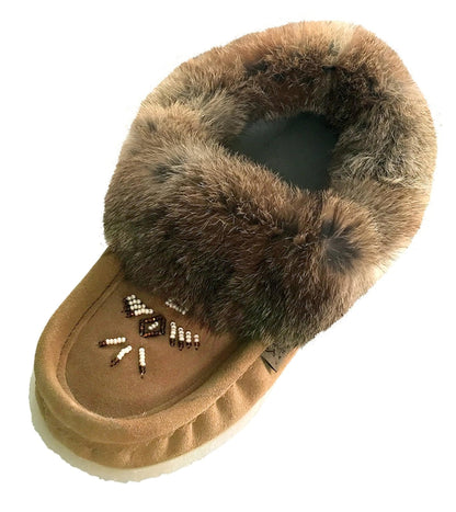 Laurentian Chief Women's Suede Slippers with Rabbit Fur Collar Moccasins