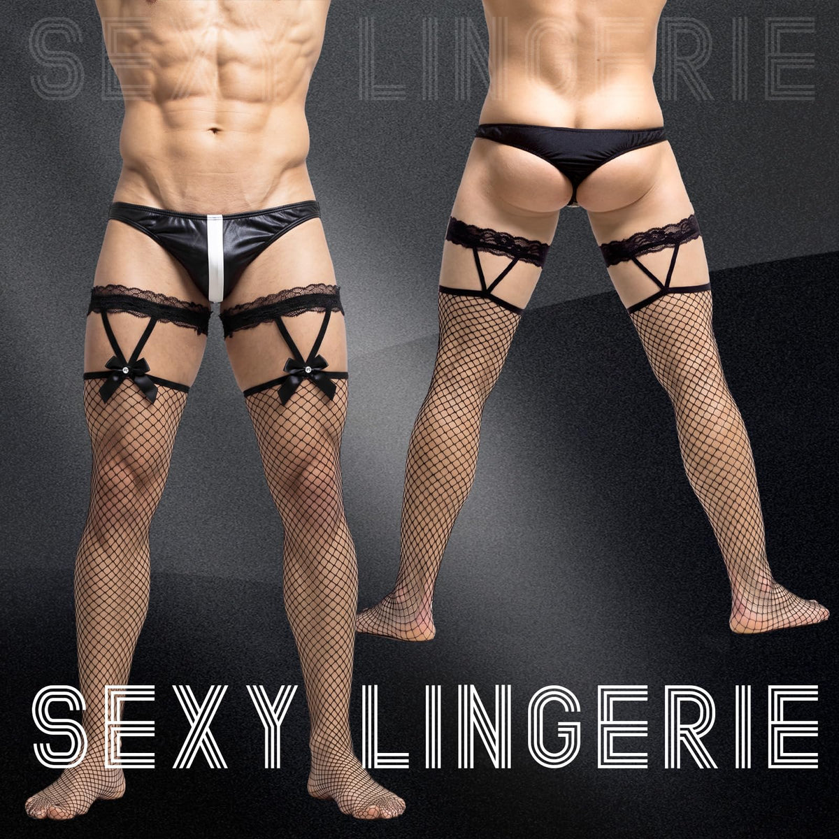 Men's Lace Fishnet Thigh High Stocking Bow 6 Pairs