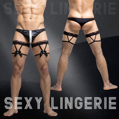 Men's Lace Fishnet Thigh High Stocking Bow 6 Pairs