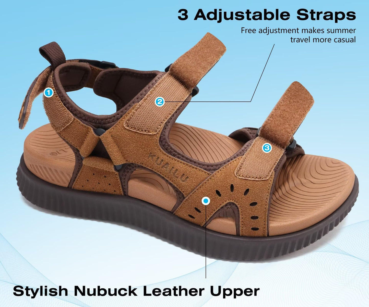 KuaiLu Mens Leather Hiking Sandals With Arch Support Orthopedic Sport Recovery Athletic Walking Sandals For Man Outdoor Summer Casual Thick Cushion Beach Water Fisherman Sandal, size 9 Khaki Brown