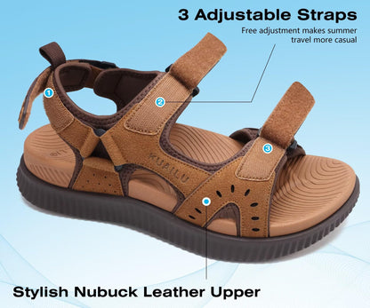 KuaiLu Mens Leather Hiking Sandals With Arch Support Orthopedic Sport Recovery Athletic Walking Sandals For Man Outdoor Summer Casual Thick Cushion Beach Water Fisherman Sandal, size 9 Khaki Brown