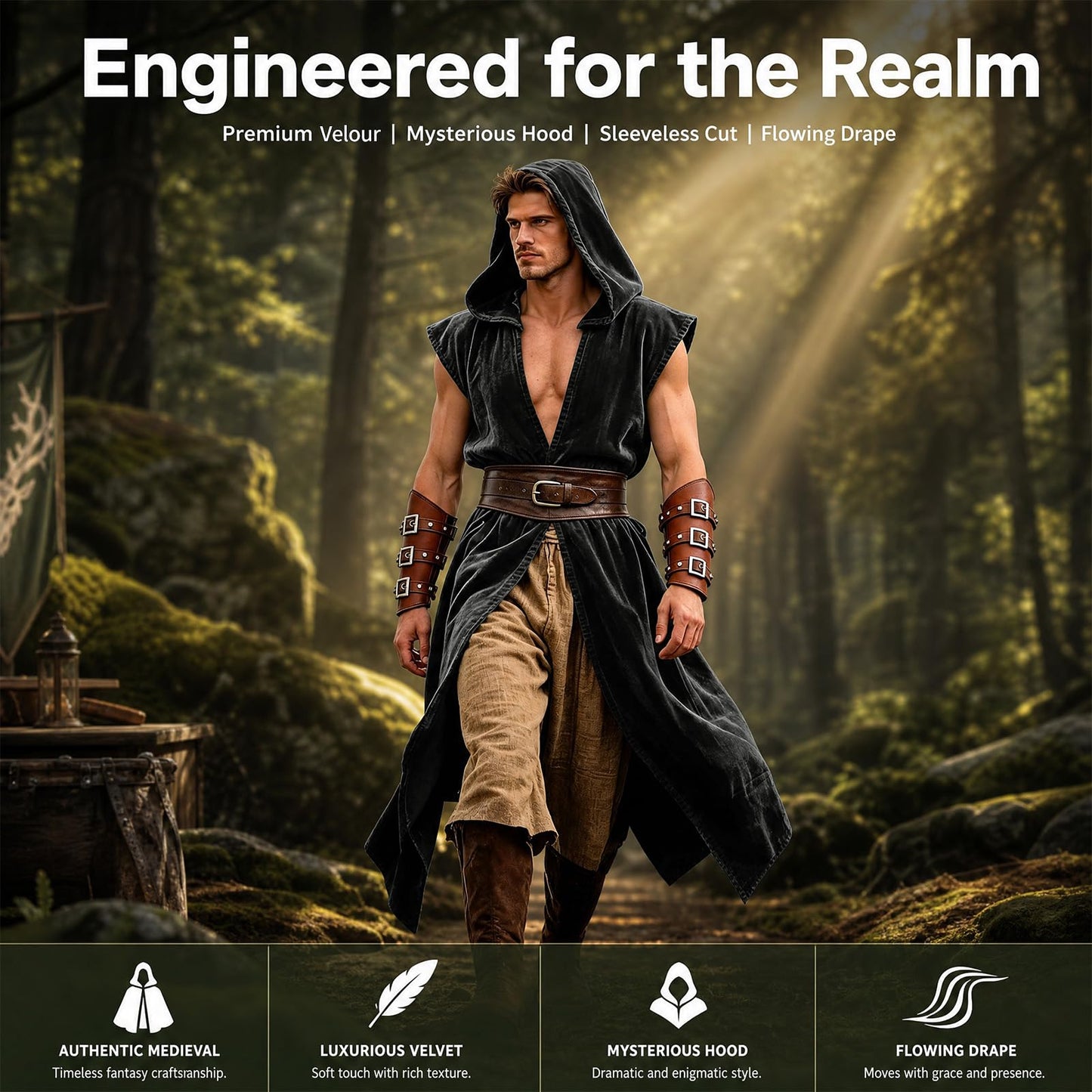 Mens Medieval Hooded Surcoat Renaissance Sleeveless Cloak for Halloween