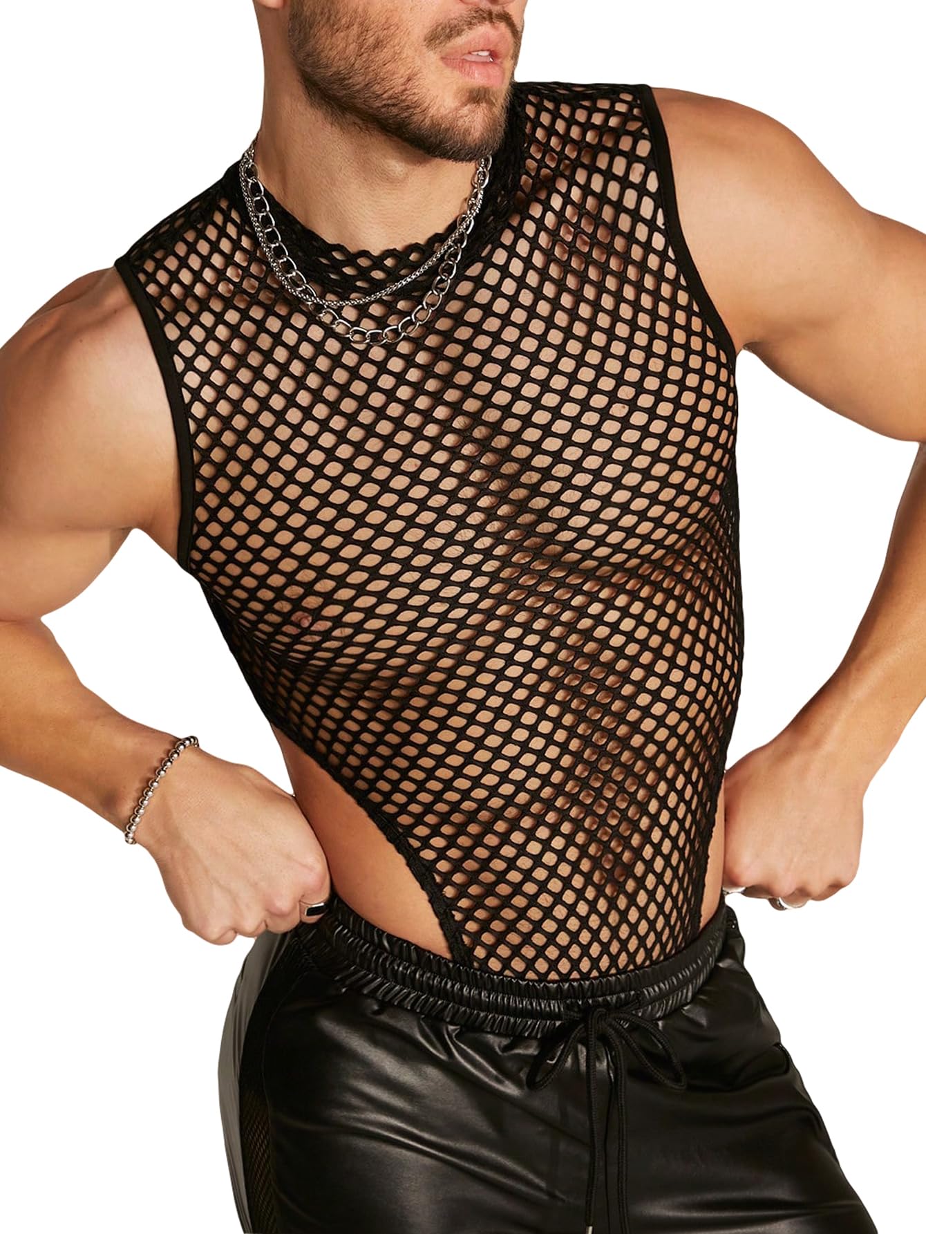 WDIRARA Men's Fishnet Mesh Mock Neck Vest Top Sleeveless Sheer Party Tank Tops Bodysuit Black Medium