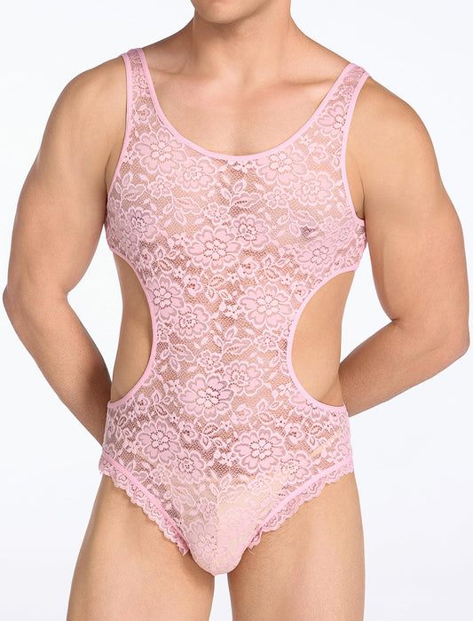 Men's Sissy Lace Bodysuit Floral Sheer See Through Sleeveless Cutout Leotard Crossdress Lingerie Pink XX-Large